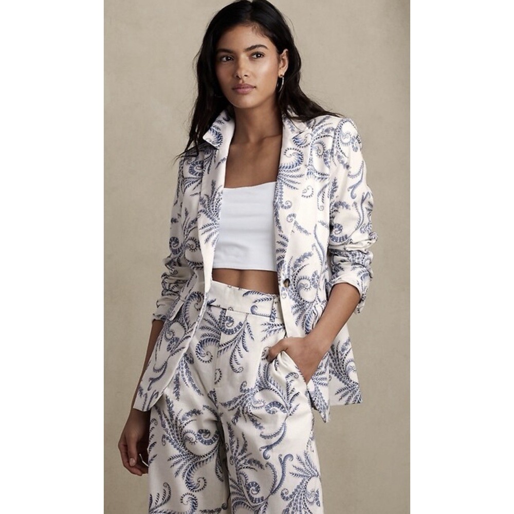 Banana Republic Sz 14 L Long & Lean Blue White Print Linen Blend Blazer Preppy